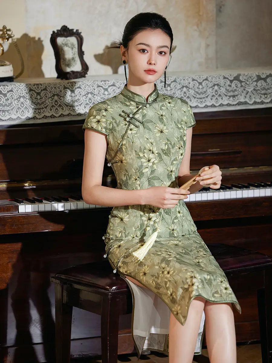luxury Chinese Mute Green Floral Silk Qipao cheongsam Dress