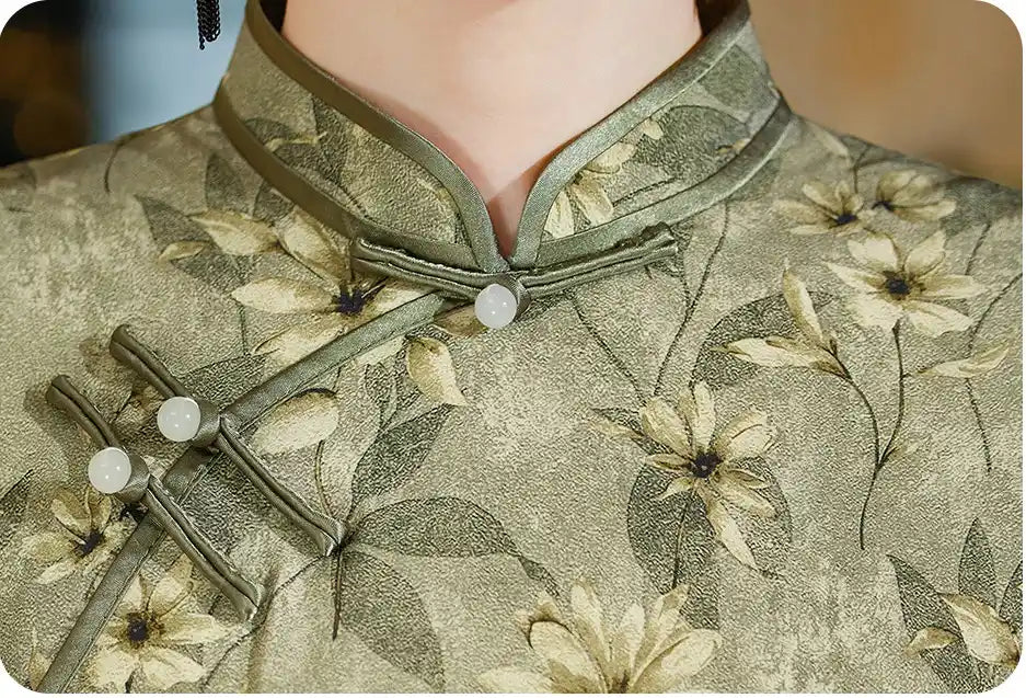 luxury Chinese Mute Green Floral Silk Qipao cheongsam Dress