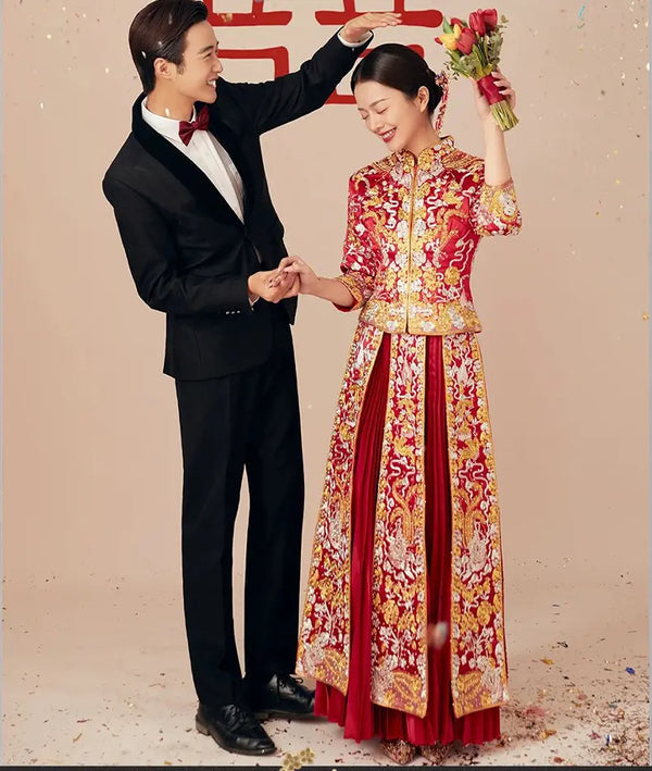 Traditional Chinese Red Bridal  dragon pheonix Qun Kwa Dress
