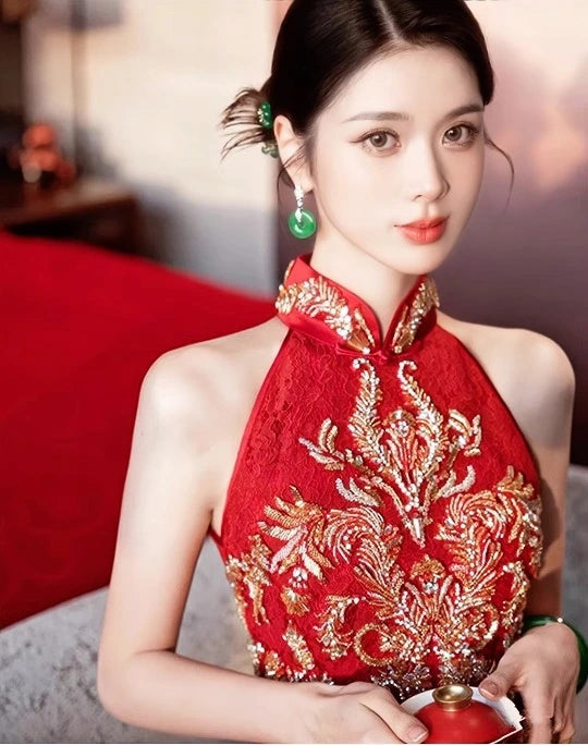 Red Halter modern wedding cheongsam with Golden Sequin Flowers