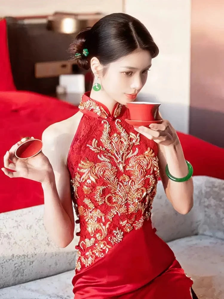 Red Halter wedding Qipao with Golden Sequin Flowers
