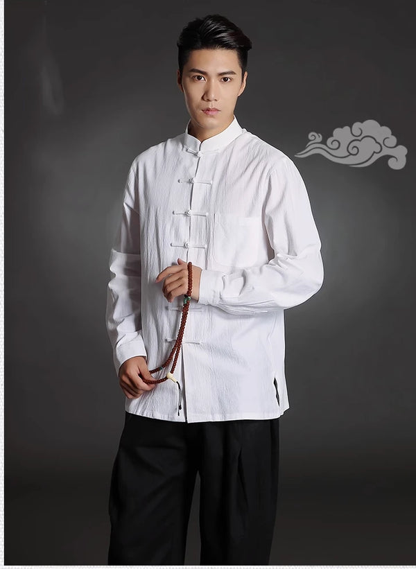 white Chinese Tang Kongfu Cotton Shirt