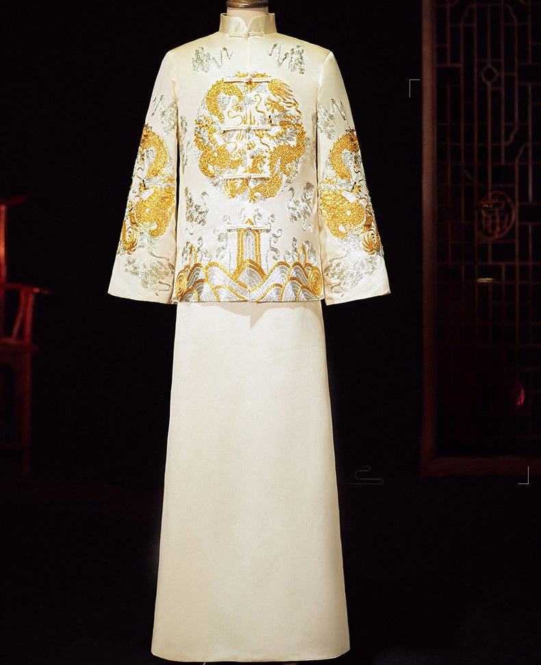 Ivory White Chinese Wedding Groom Jacket with Dragon Embroidery - Traditional Ma Gua
