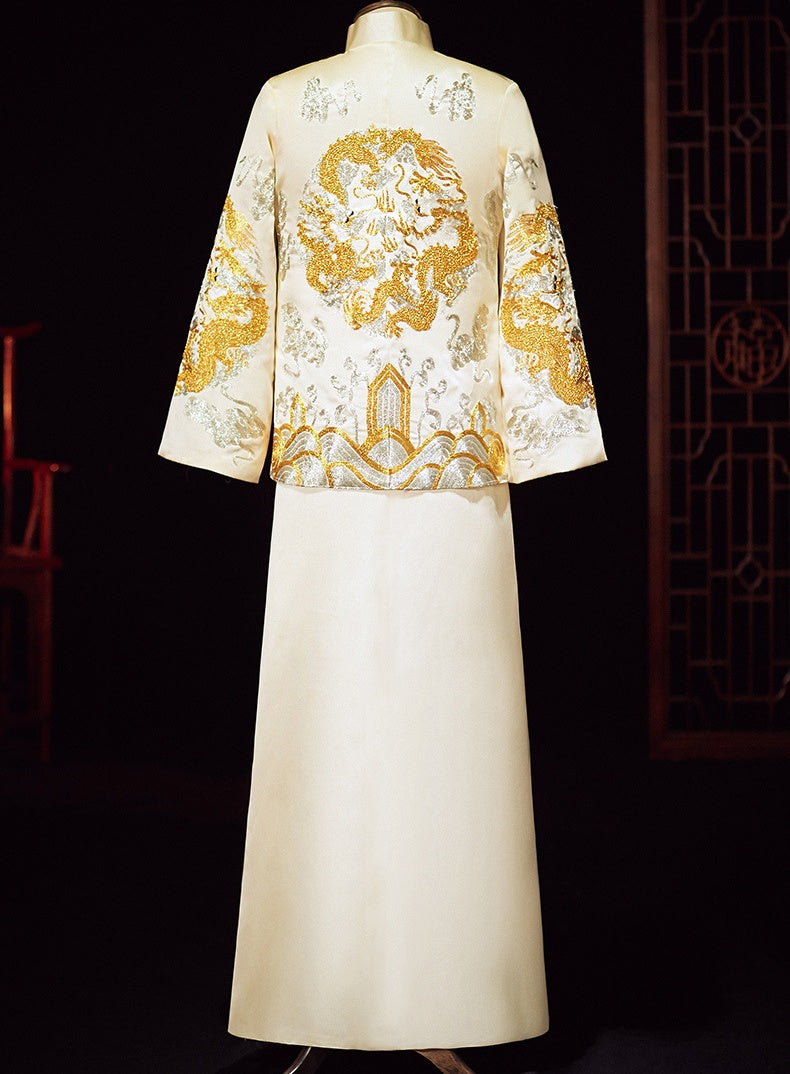 Ivory White Chinese Wedding Groom Jacket with Dragon Embroidery - Traditional Ma Gua