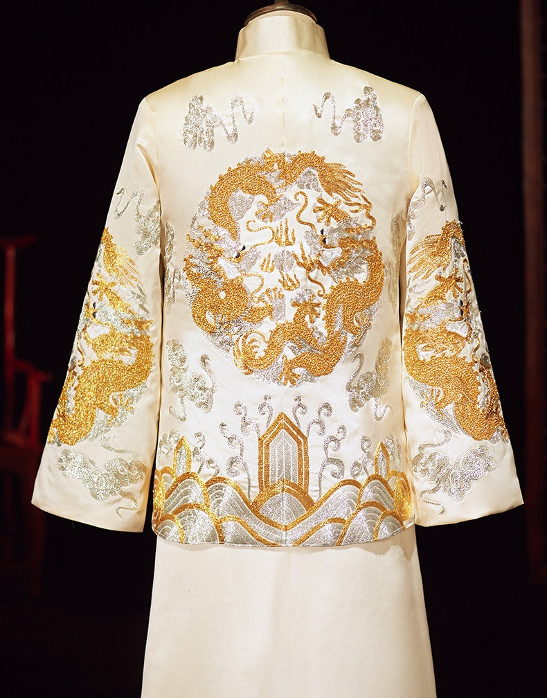 Ivory White Chinese Wedding Groom Jacket with Dragon Embroidery - Traditional Ma Gua