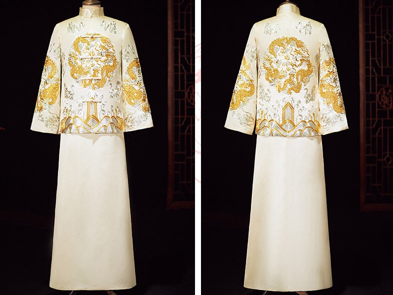 Ivory White and Gold Groom Wedding  Dragon Tang Jacket Set