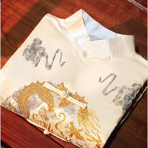 Ivory White and Gold Groom Wedding  Dragon Tang Jacket Set