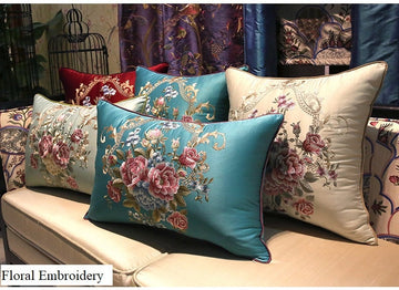 Oriental Floral Embroidered Satin Cushion Covers |Peony Garden - Oriental Me