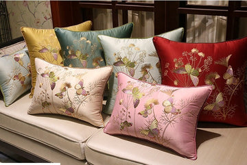 Oriental Floral Embroidered Satin Cushion Covers | Butterfly - Oriental Me