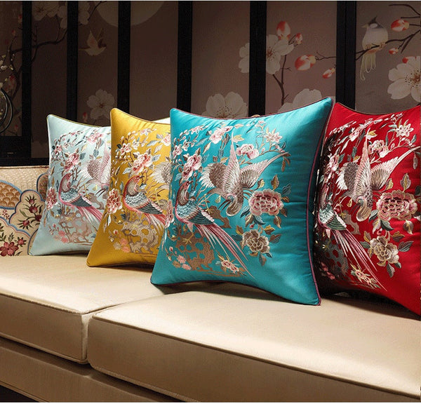 Oriental Floral Birds  Embroidered  Satin Cushion Covers | Peony and Birds - Oriental Me