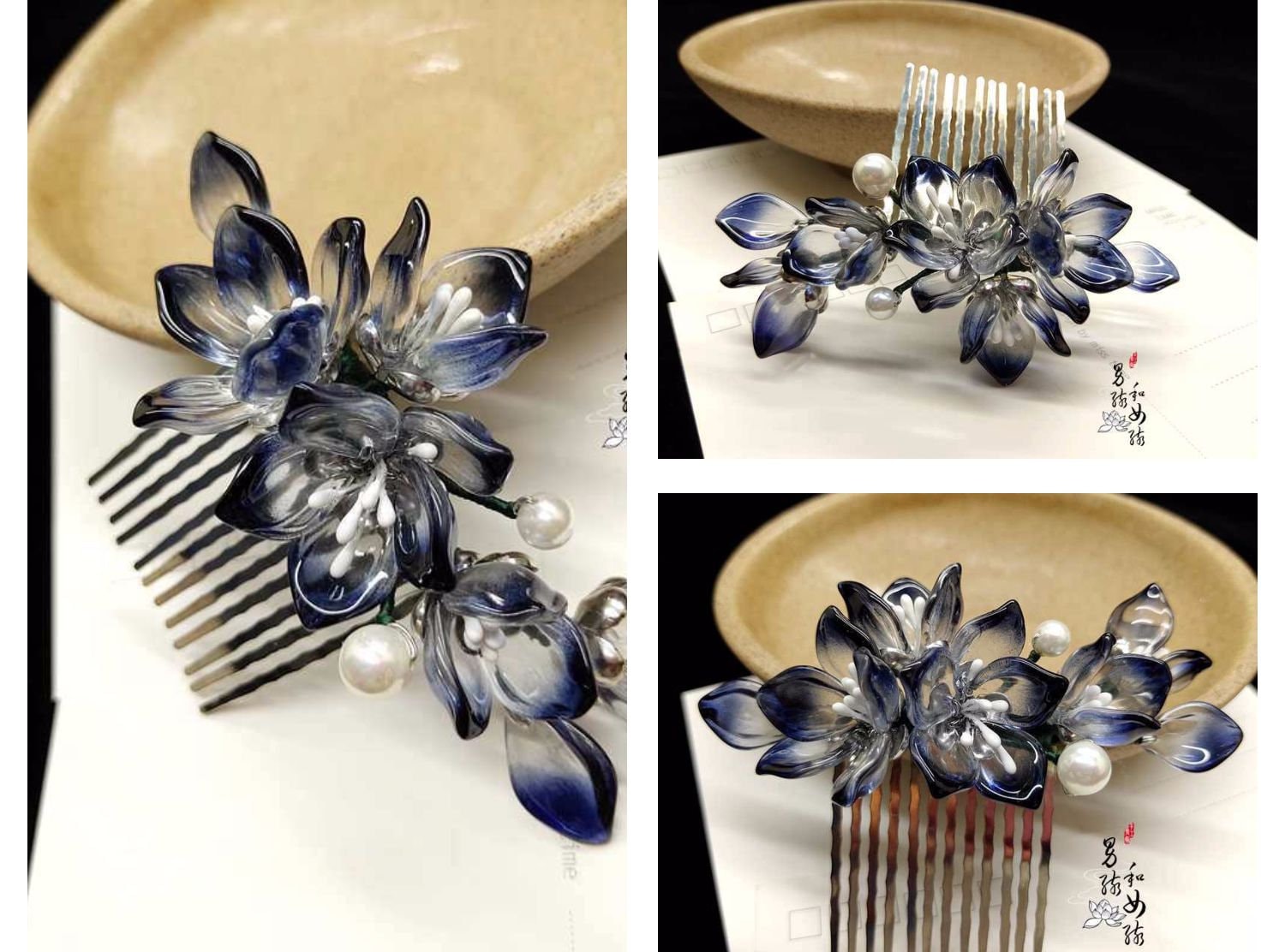 Blue Jade look alike Floral  Hair Comb - Oriental Me