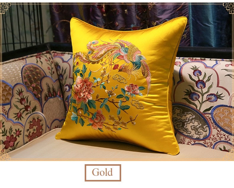 Oriental Embroidered Satin Cushion Covers |  Peony and Phoenix - Oriental Me