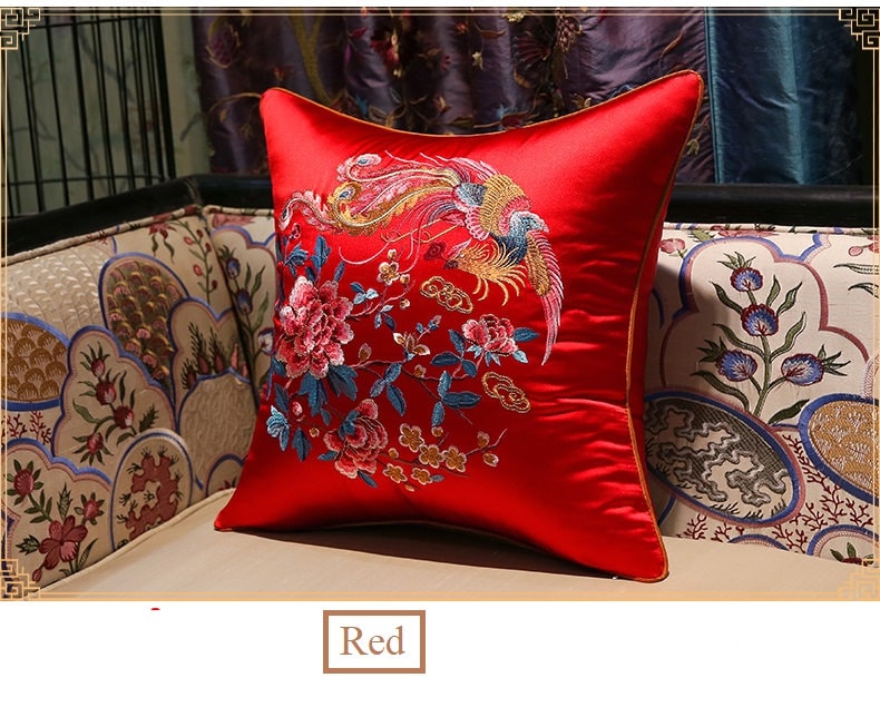 Oriental Embroidered Satin Cushion Covers |  Peony and Phoenix - Oriental Me