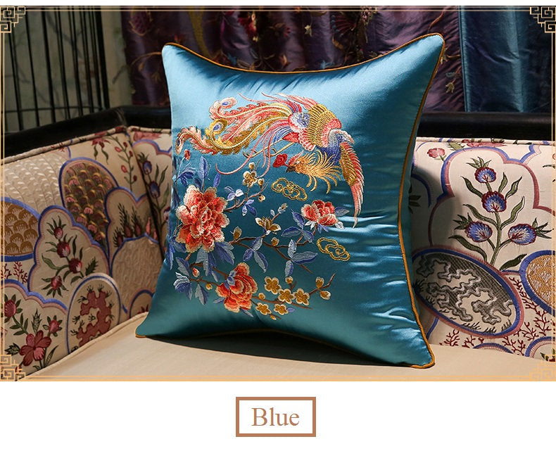 Oriental Embroidered Satin Cushion Covers |  Peony and Phoenix - Oriental Me