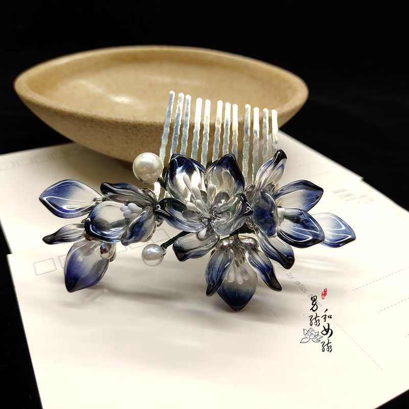 Blue Jade look alike Floral  Hair Comb - Oriental Me