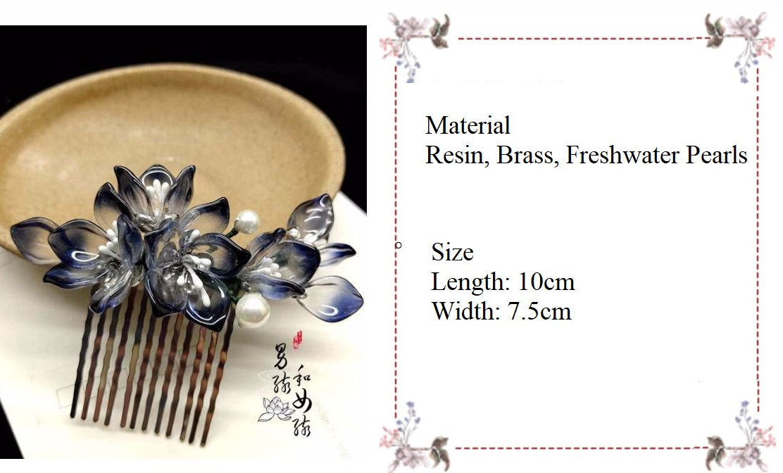 Blue Jade look alike Floral  Hair Comb - Oriental Me