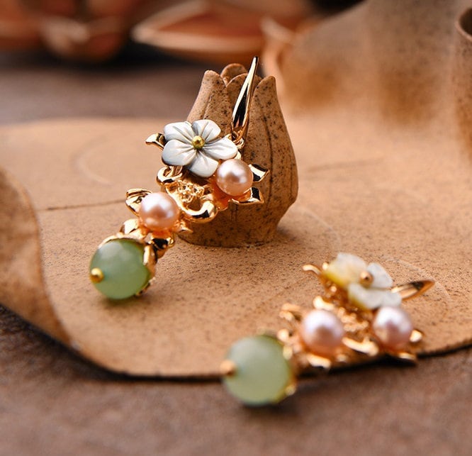 Green Jade Red Agate Pearl Flower  Dangle earrings - Oriental Me