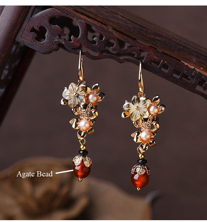 Green Jade Red Agate Pearl Flower  Dangle earrings - Oriental Me