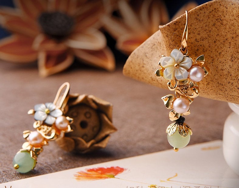 Green Jade Red Agate Pearl Flower  Dangle earrings - Oriental Me