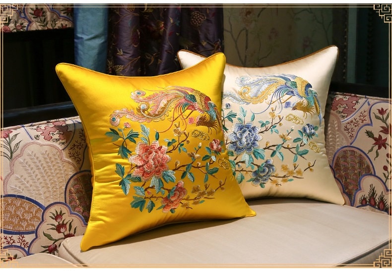 Oriental Embroidered Satin Cushion Covers |  Peony and Phoenix - Oriental Me