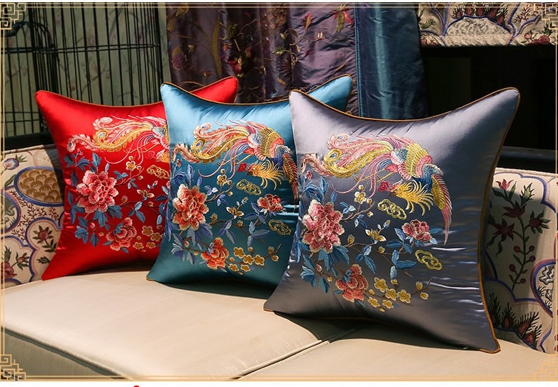 Oriental Embroidered Satin Cushion Covers |  Peony and Phoenix - Oriental Me
