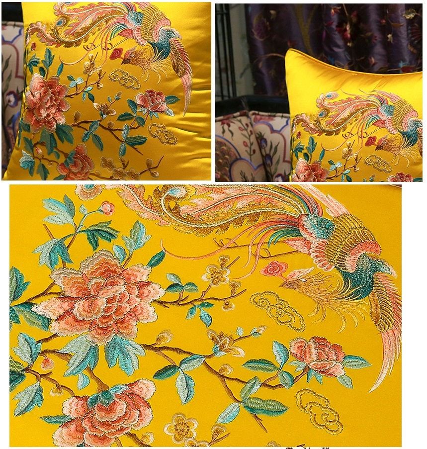 Oriental Embroidered Satin Cushion Covers |  Peony and Phoenix - Oriental Me