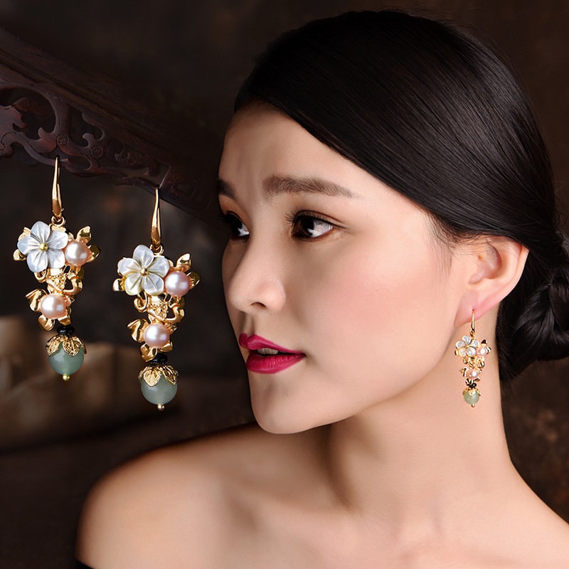 Green Jade Red Agate Pearl Flower  Dangle earrings - Oriental Me
