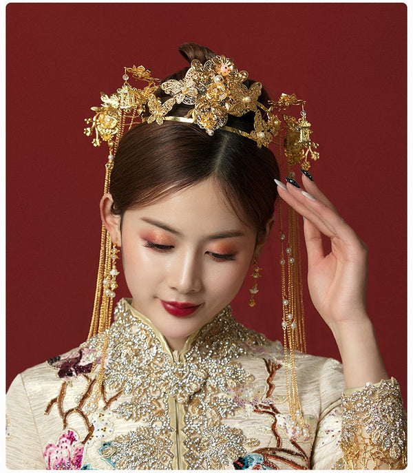 Traditional Golden Hairpieces & Earrings Set (6pcs) - Oriental Me