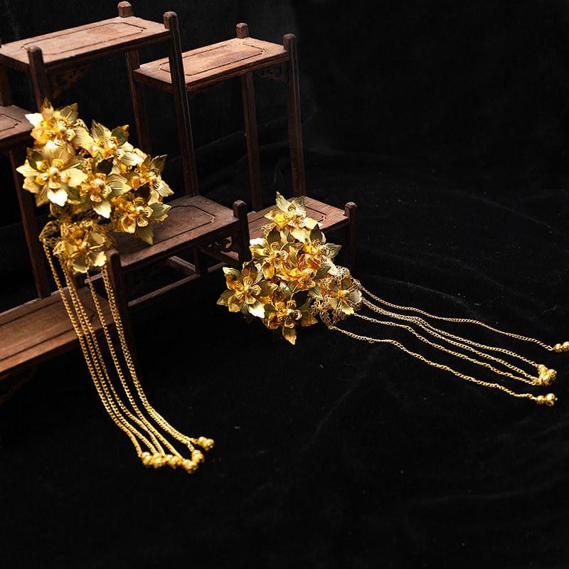 Goldene Blumenhaarteile für die Braut (1 Paar)