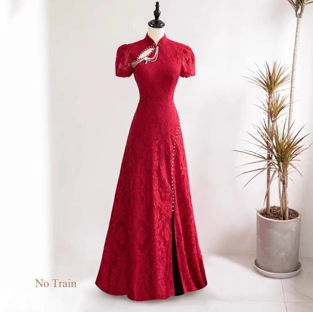Custom Made Open Back Lace Cheongsam/Qipao Dress With Train | Glorious - Oriental Me