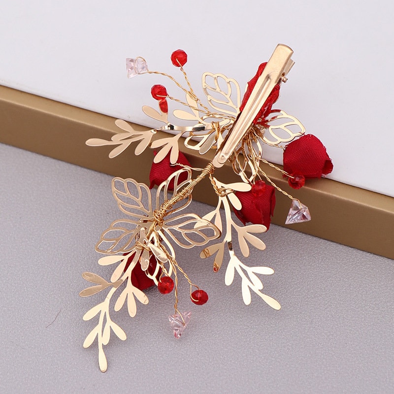 Red & Gold Rosebud Hair Clips (1 Pair) - Oriental Me