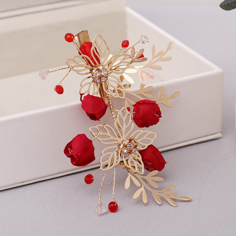 Red & Gold Rosebud Hair Clips (1 Pair) - Oriental Me