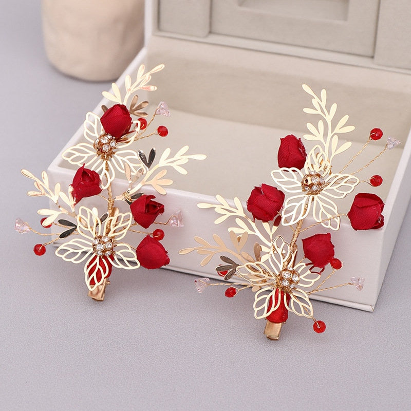 Red & Gold Rosebud Hair Clips (1 Pair) - Oriental Me