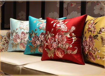 Oriental Floral Embroidered Satin Cushion Covers | Peony - Oriental Me