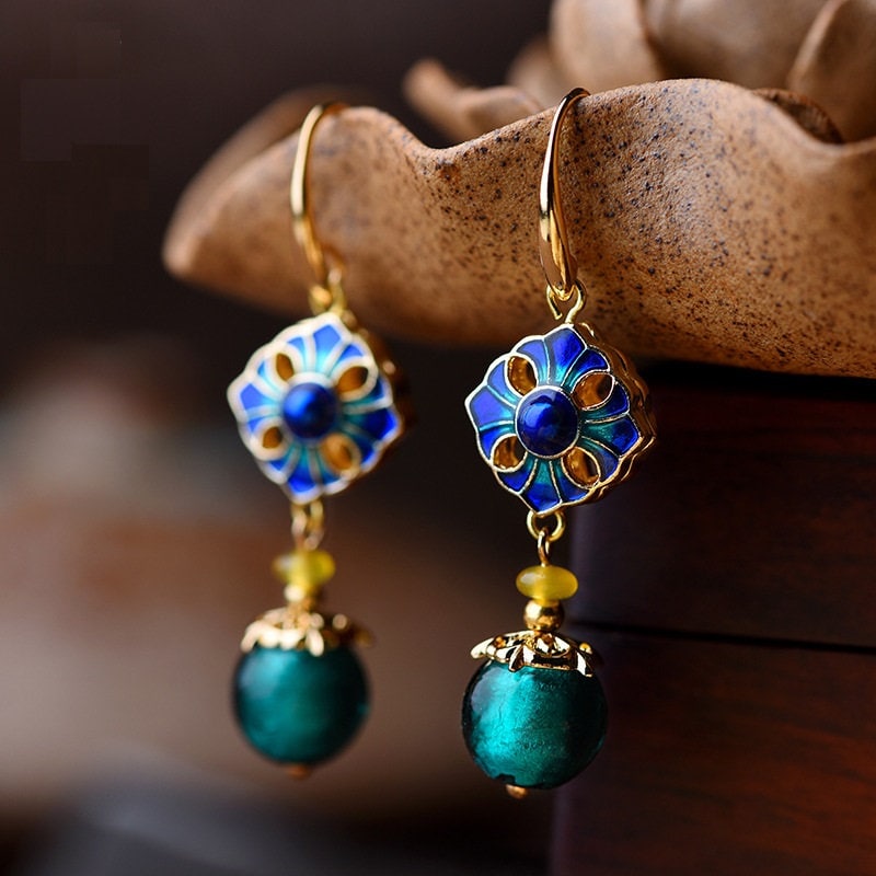 Blue Beads  Yellow Agate with Cloisonne Drop Earrings - Oriental Me