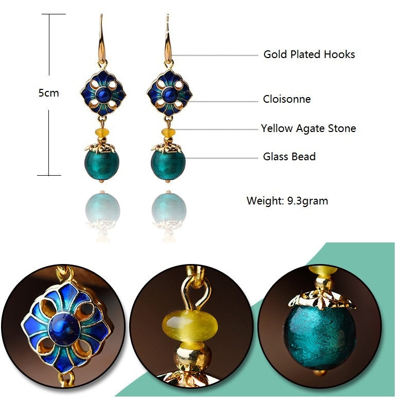 Blue Beads  Yellow Agate with Cloisonne Drop Earrings - Oriental Me
