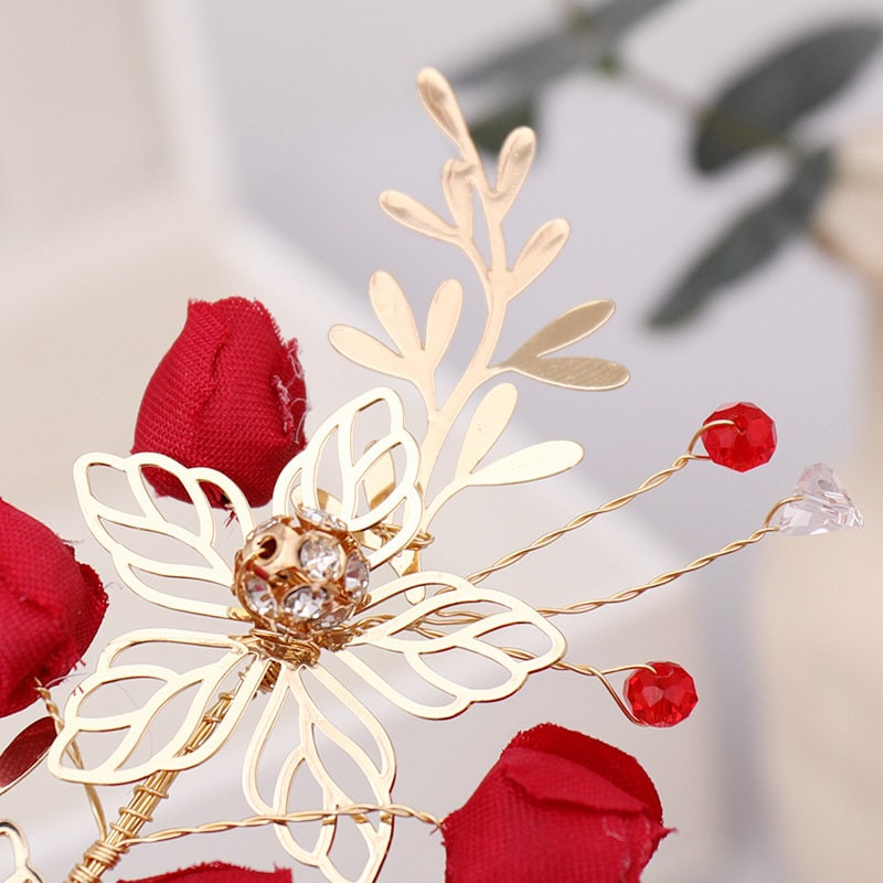 Red & Gold Rosebud Hair Clips (1 Pair) - Oriental Me