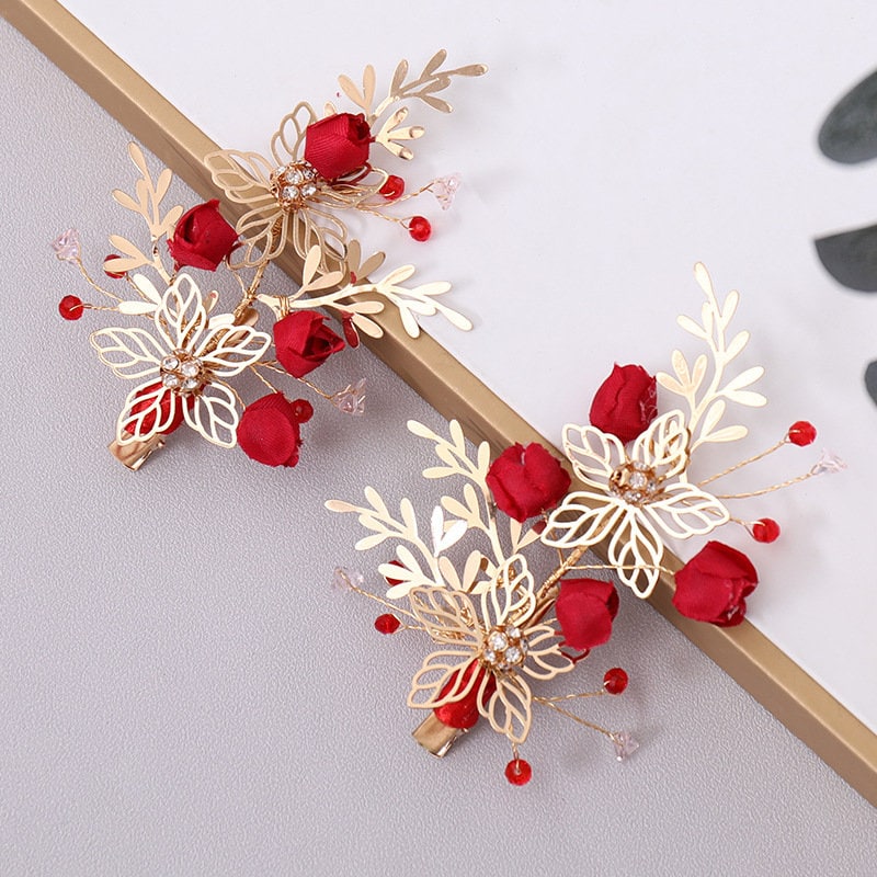 Red & Gold Rosebud Hair Clips (1 Pair) - Oriental Me