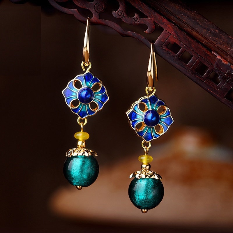 Blue Beads  Yellow Agate with Cloisonne Drop Earrings - Oriental Me