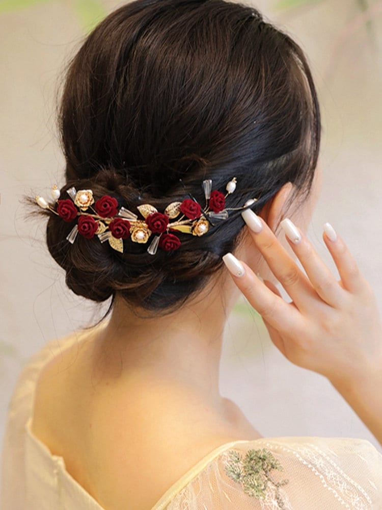 Gold&Red  Rose Pearl  Hair Clip - Oriental Me