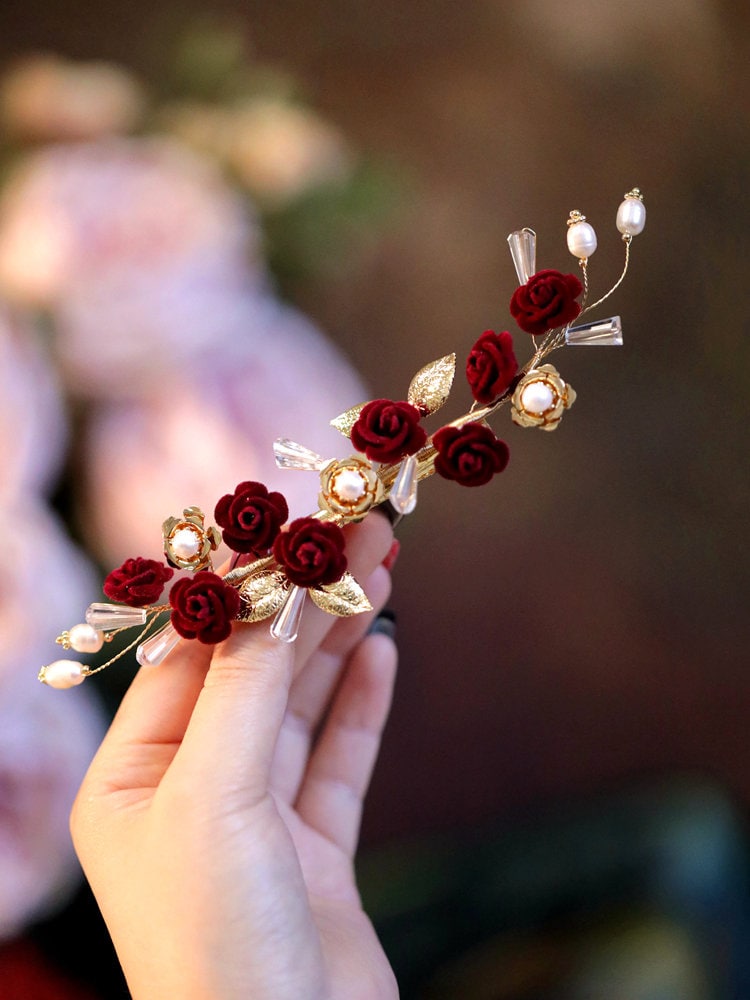 Gold&Red  Rose Pearl  Hair Clip - Oriental Me