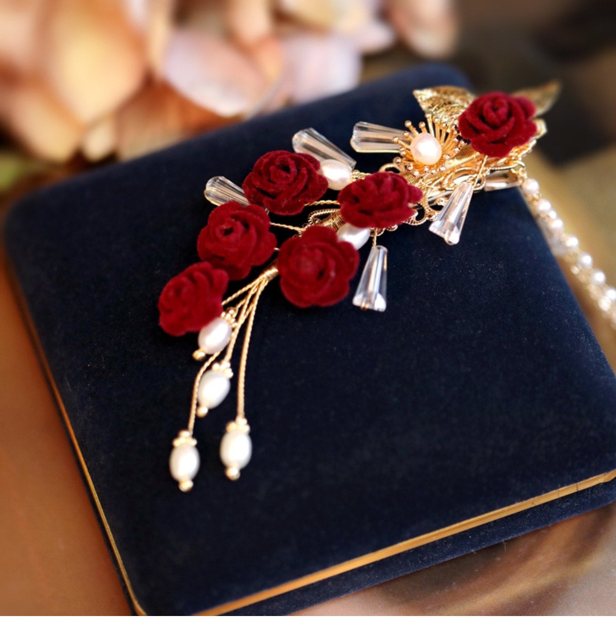 Gold&Red  Rose Pearl  Hair Clip - Oriental Me