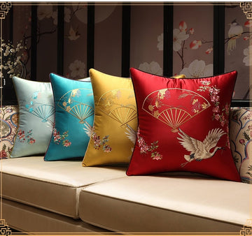 Oriental Embroidered Satin Cushion Covers| Crane Bird - Oriental Me