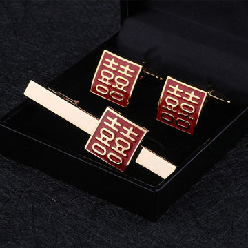 Square Shape Double happiness Cufflinks & Tie Clip