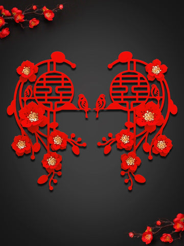 Double Happiness Wall Decoration | Flowers and Birds (1 Pair) - Oriental Me