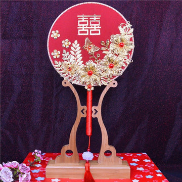 Bridal Double Happiness Red Round Hand Fan - Oriental Me