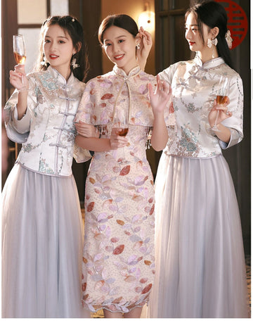Bridesmaid Qipao/Cheongsam Dress| Grey Blue Plum Blossom - Oriental Me
