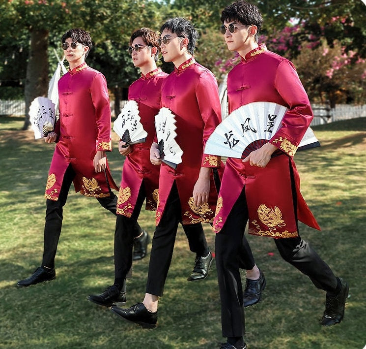 Groom/Best Men   Embroidered Dragon Wedding Tea Ceremony Tang Jacket - Oriental Me