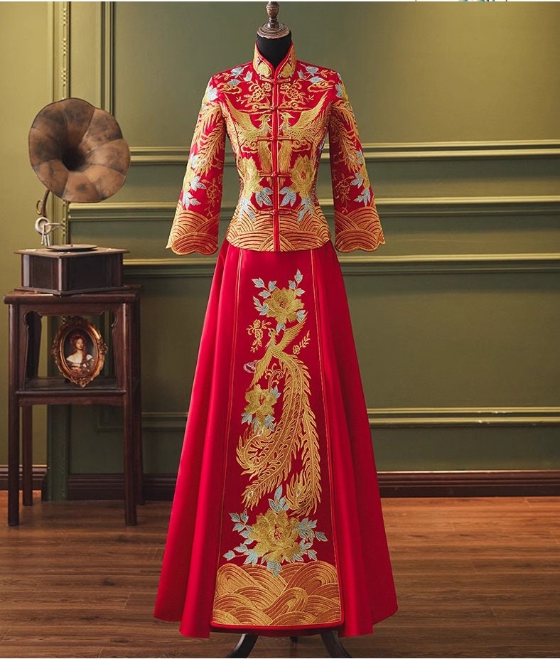 Chinese Wedding Bridal Qun Kwa Dress| Phoenix & Peony - Oriental Me