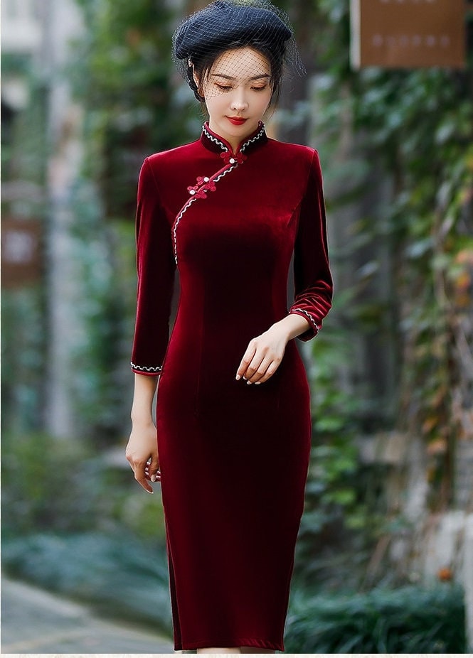 Chinese Collar Long Sleeve Oriental Dress Long Sleeves Velvet Cheongsam Qipao Dress Chinese Collar Long Sleeve Oriental Dress Long Sleeves Velvet Cheongsam Qipao Dress